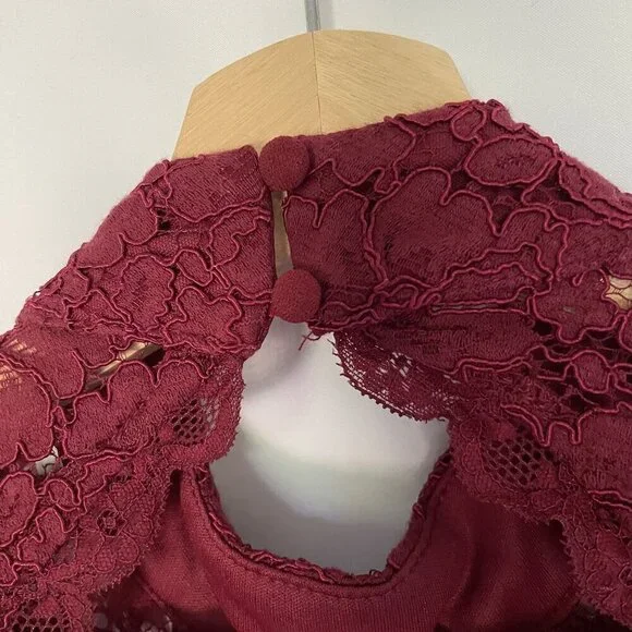 Lulus burgundy maxi formal dress lace halter top neckline open back detail